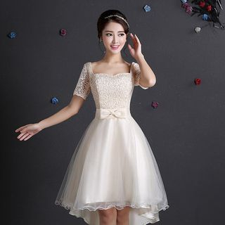 Fantasy Bride Short-Sleeve Lace Panel Cocktail Dress