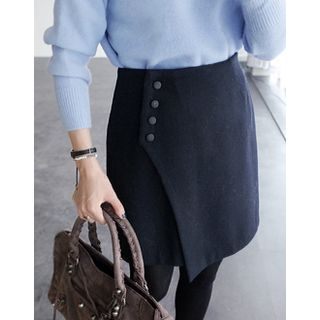 UPTOWNHOLIC Wrap-Front Wool Blend Skirt