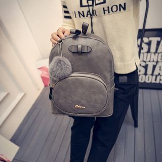 Seok Pompom Accent Faux Leather Backpack