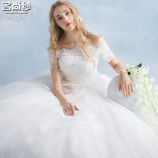 MSSBridal Off Shoulder Lace Panel Ball Gown Wedding Dress