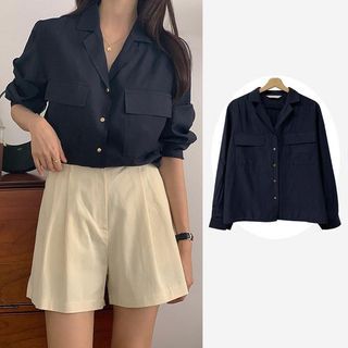 Long-Sleeve Flap Pocket Plain Shirt