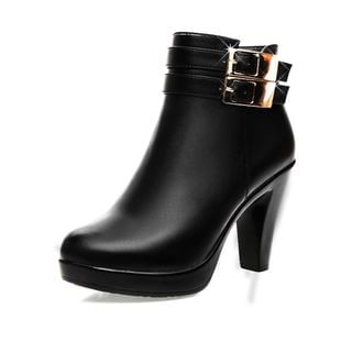 Hannah Genuine Leather Buckled Heeled Ankle Boots