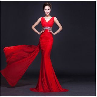 Posh Bride Sleeveless Deep V-Neck Mermaid Evening Gown