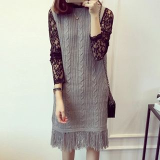 Little V Lace Panel Fray Knit Dress