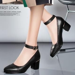 JY Shoes Genuine Leather Perforated Ankle Strap Pumps