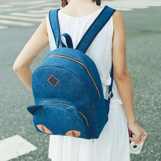 Plume Moon Cat-Accent Denim Backpack Blue - One Size