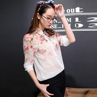 Colorful Shop Long-Sleeve Floral Chiffon Shirt