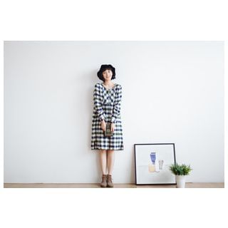 Kirito Gingham Panel Long-Sleeve Linen-blend Dress
