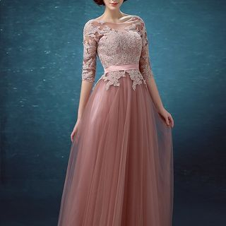 Shannair Elbow-Sleeve Sheath Tulle Evening Gown