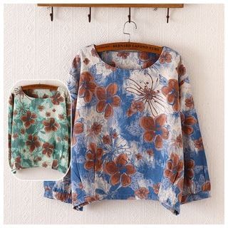 Waypoints Floral Print Long-Sleeve Linen-blend Top