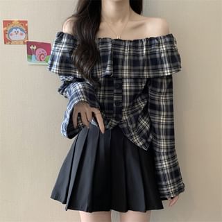 Flared-Sleeve Off-Shoulder Plaid Blouse