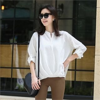 COCOAVENUE Stripe-Pattern Roll-Up Sleeve Blouse