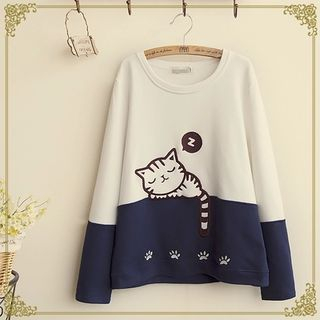 Fairyland Cat Print Two-Tone Sweatshirt