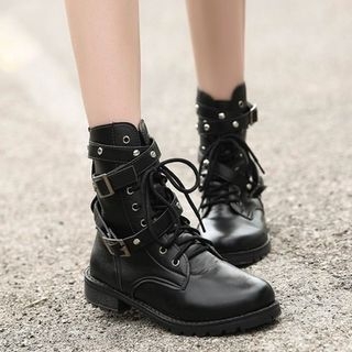 Colorful Shoes Studded Striped Lace Up Short Boots