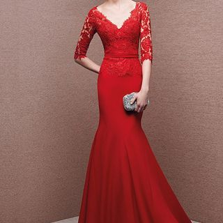 Shannair Lace Panel Mermaid Evening Gown