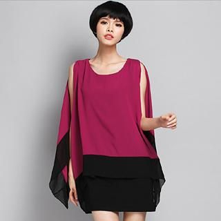 Mythmax Asymmetric-Hem Contrast-Color Chiffon Top