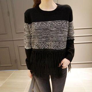 NIPONJJUYA Fringed Front M lange Knit Top