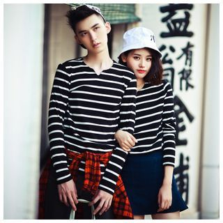 Simpair Couple Split-neck Stripe Long-Sleeve T-shirt