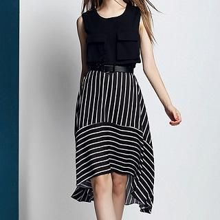 Ozipan Sleeveless Stripe-Panel Pocket-Accent Dress