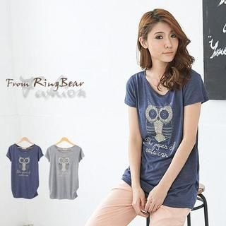 RingBear Owl-Sequined Ruched-Side Long Top