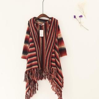 11.STREET Striped Irregular Tassel Knit Jacket