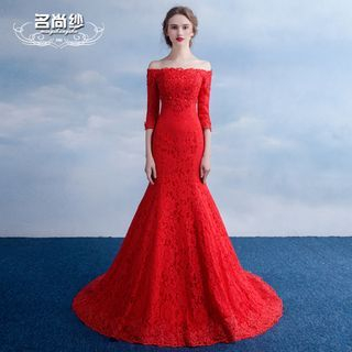 MSSBridal 3/4-Sleeve Lace Embroidered Mermaid Evening Gown