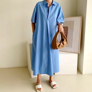 Elbow-Sleeve Plain Half-Button Midi Tunic Shirt Dress Blue - One Size