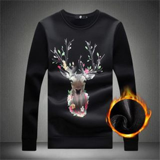 Alvicio Deer Printed Fleece-lined Long-Sleeve T-shirt
