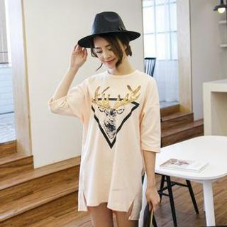 SUYISODA Short-Sleeve Deer Print Sequined T-Shirt