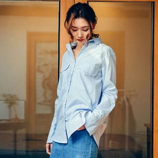 chuu Flap-Pocket Tab-Sleeve Stripe Shirt