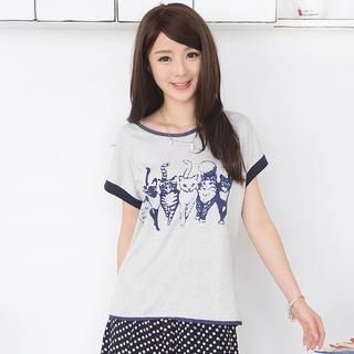 59 Seconds Cat Print Short Sleeve Top Gray and Navy Blue - One Size