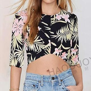 Obel Elbow-Sleeve Tropical Print Cropped Top