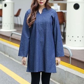 Jolly Club Long-Sleeve Notched-Neck Denim Dress