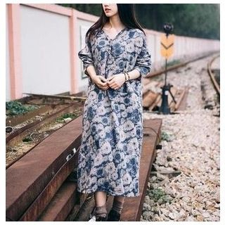 Rosadame Long-Sleeve Floral Linen Maxi Dress