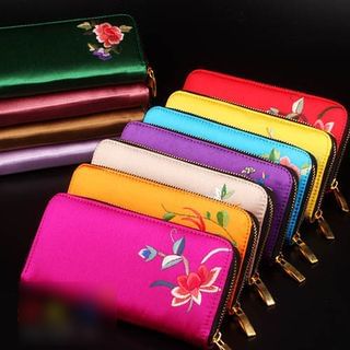 Peony House Embroidered Zip Around Long Wallet