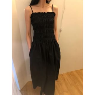 Spaghetti Strap Plain Ruched Ruffle Trim Maxi Dress