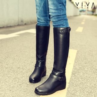 YIYA Genuine Leather Buckled Wedge Tall Boots