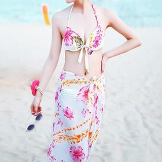 Zeta Swimwear Set: Halter Floral Print Bikini + Floral Print Cover-up