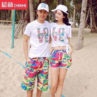 Morning Dew Couple Matching Printed Swim Shorts / Letter T-shirt