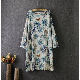 Blue Rose Long-Sleeve Floral Print Dress