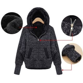 YIJINGMEI Batwing-Sleeve Hooded Knit Zip-Up Jacket