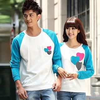 Igsoo Couple Color Block Heart Print T-Shirt