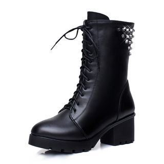 Hannah Studded Short Lace-Up Genuine Leather Boots