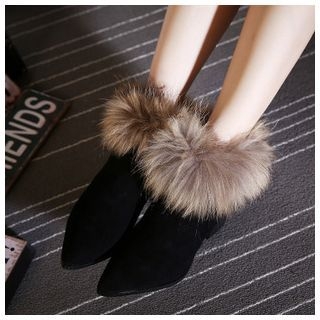 Anran Genuine Leather Furry Pointy Ankle Boots