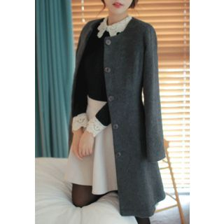 MyFiona Collarless Hidden-Button A-Line Coat with Belt