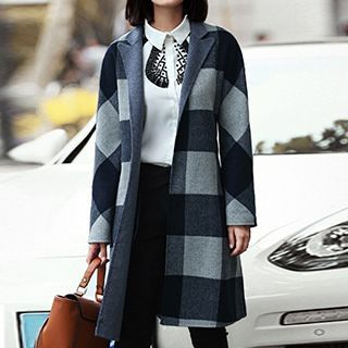 KUBITU Plaid Open Front Coat with Sash