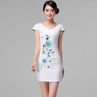 Romantica Cap-Sleeve Flower-Embroidered Sheath Dress