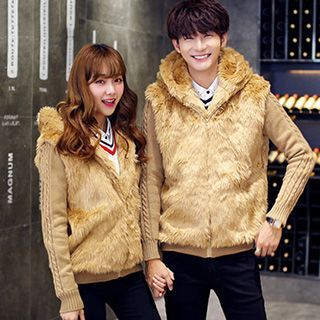 Harou Matching Couple Knit Panel Faux Fur Jacket