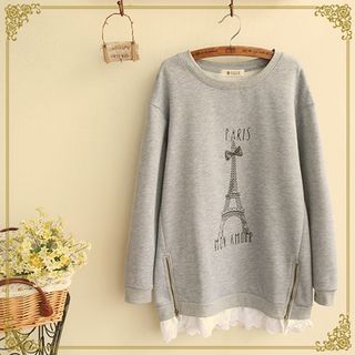 Fairyland Eiffel Tower Print Lace Trim Sweatshirt