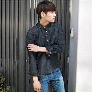 MITOSHOP Mandarin-Collar half-Placket Denim Shirt